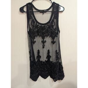 Pretty black transparent sleeveless tank/shell w/black embroidery, Pretty Angel